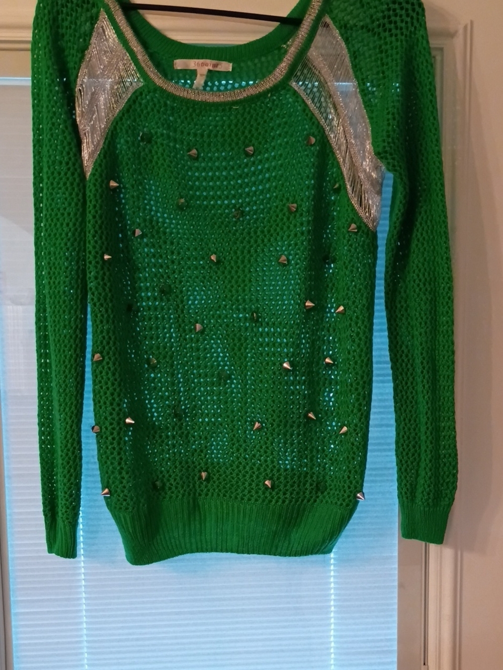 Green Studded Open-Knit Scoop Neck Sweater with Silver Shoulder Panels
